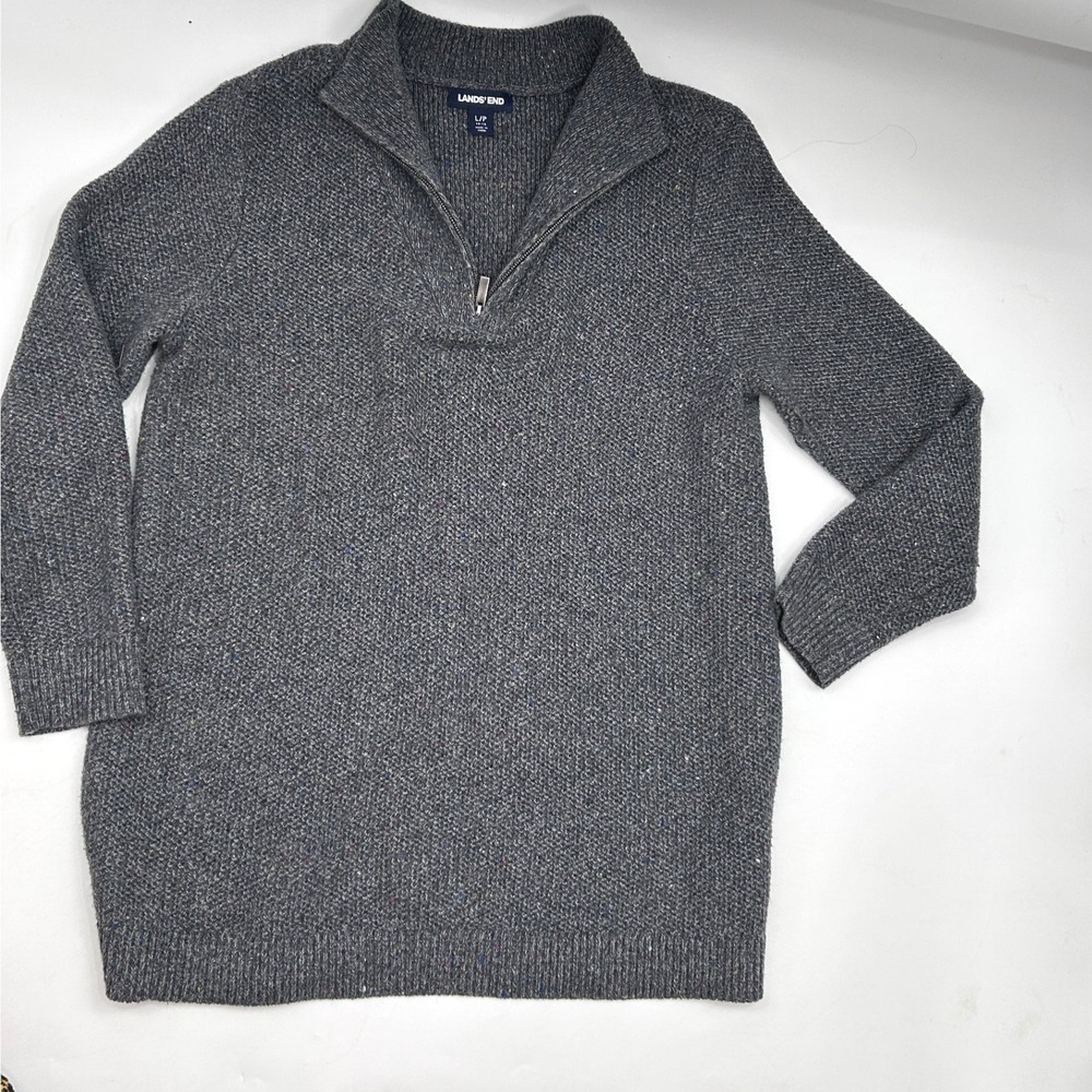 Lands' End Womens Gray Donegal Quarter Zip Cotton Blend Tunic Sweater Large - Picture 2 of 11